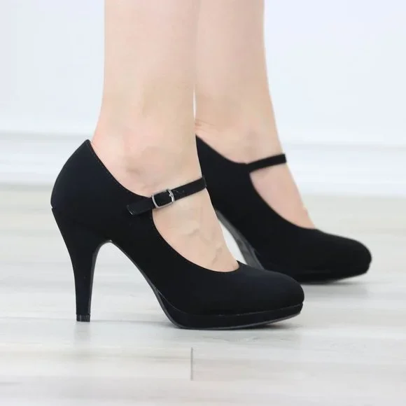 Black Rockabilly High Heels Ankle Strap Round Toe Classic Pumps Nubuck - Picture 6 of 12